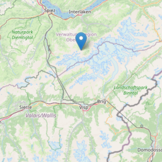Il punto esatto dove è stata registrata la scossa a nord delle Alpi, non lontano dal confine italiano del Verbano Cusio Ossola con il Canton Vallese