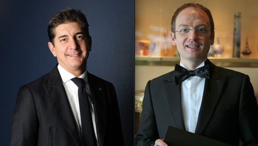 A sinistra Nicola Dell'Agnolo, Direttore di Sala de &quot;Il Luogo di Aimo e Nadia&quot;, due stelle Michelin di Milano; a destra Simone Pinoli, Restaurant Manager de “La Pergola” di Roma dello Chef tre stelle Michelin Heinz Beck