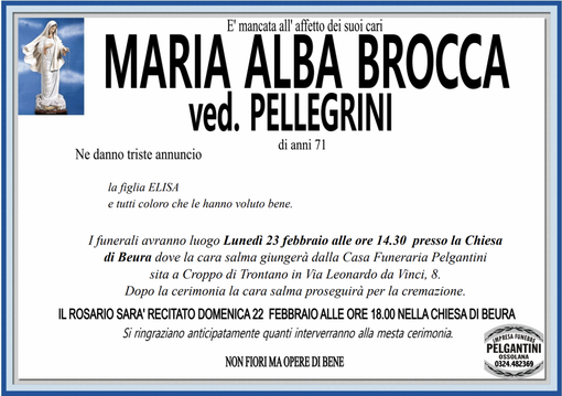 Maria Alba Brocca ved. Pellegrini di anni 71