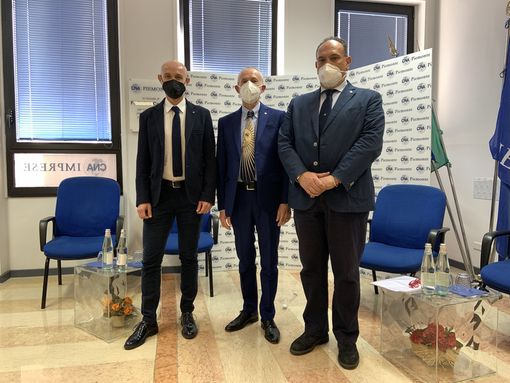 Da sinistra il nuovo presidente di CNA Piemonte Delio Zanzottera, il presidente di CNA Piemonte Fabrizio Actis e Filippo Provenzano, neo segretario di CNA Torino