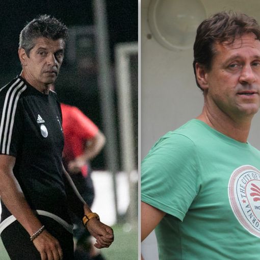 Foto: Ivan Sottini, allenatore del Baveno in fuga; Adolfo Fusè, il suo Omegna cpnquista la prima vittoria