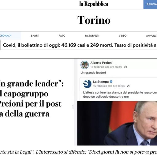 'Putin un grande leader!'. Un post di Alberto Preioni della scorsa settimana scatena la polemica