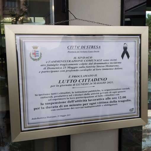 Lutto cittadino oggi a Stresa, per ricordare le vittime del Mottarone