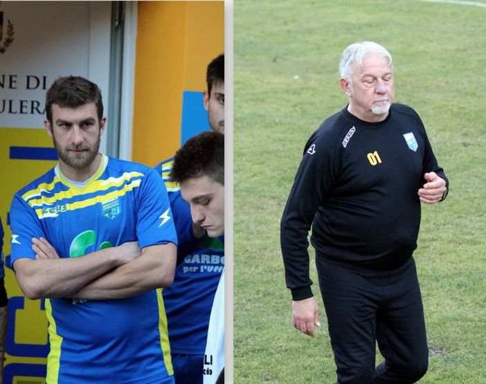 Foto: il Piedimulera prosegue la marcia: a sinistra il bomber Alessandro Elca, a destra l'allenatore Marco Poma