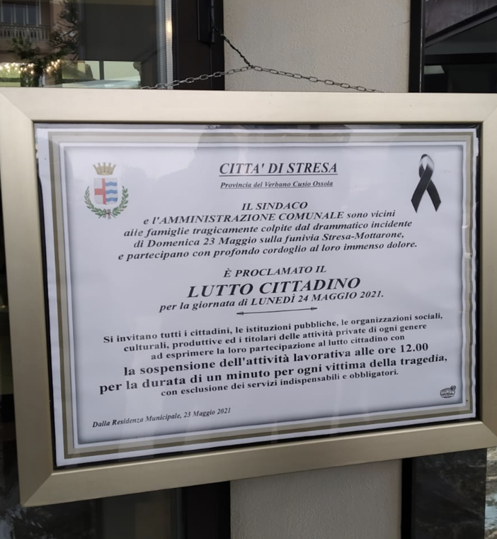 Lutto cittadino oggi a Stresa, per ricordare le vittime del Mottarone