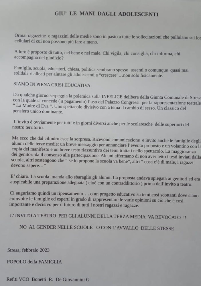 De Giovannini (Popolo della famiglia) contesta lo spettacolo La madre di Eva