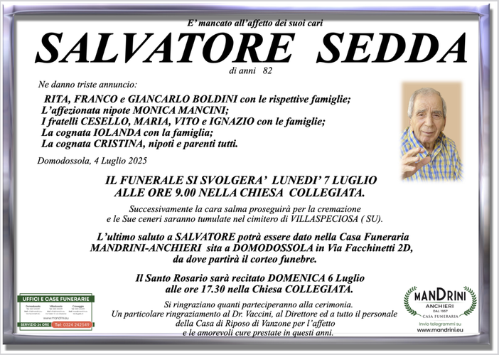 Salvatore Sedda di anni 82