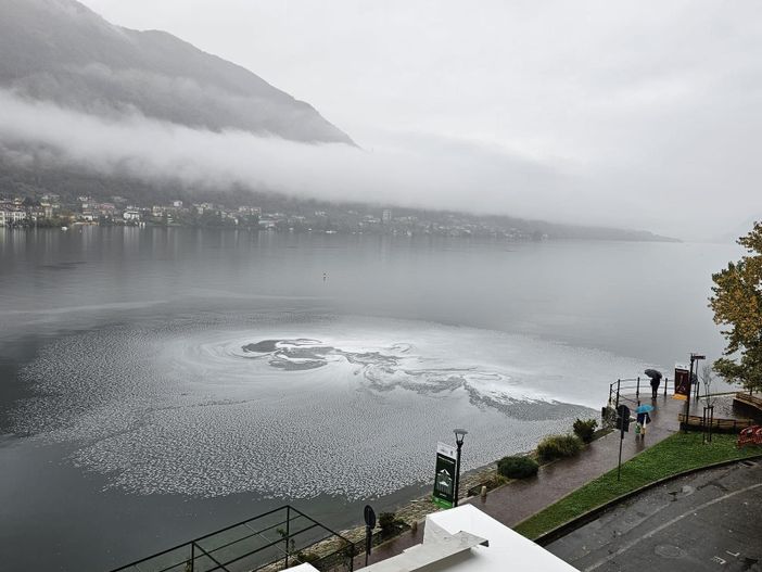 Macchia biancastra nelle acque del Lago d'Orta davanti ai giardini di Omegna Macchia biancastra nelle acque del Lago d'Orta davanti ai giardini di Omegna