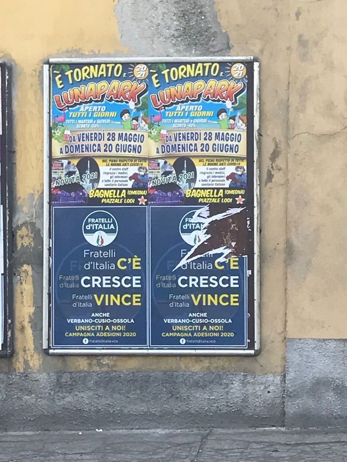 Omegna, Fratelli d'Italia: “Atti di vandalismo sui manifesti affissi in città”
