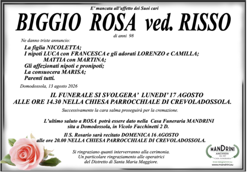 Biggio Rosa ved. Risso di anni 98 Biggio Rosa ved. Risso di anni 98