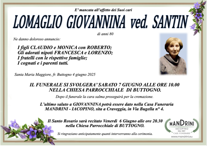 Lomaglio Giovannina ved. Santin di anni 80