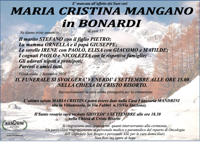 Maria Cristina Mangano in Bonardi di anni 57