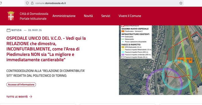 Nuovo ospedale, online la relazione del Comune che smonta lo studio su Piedimulera
