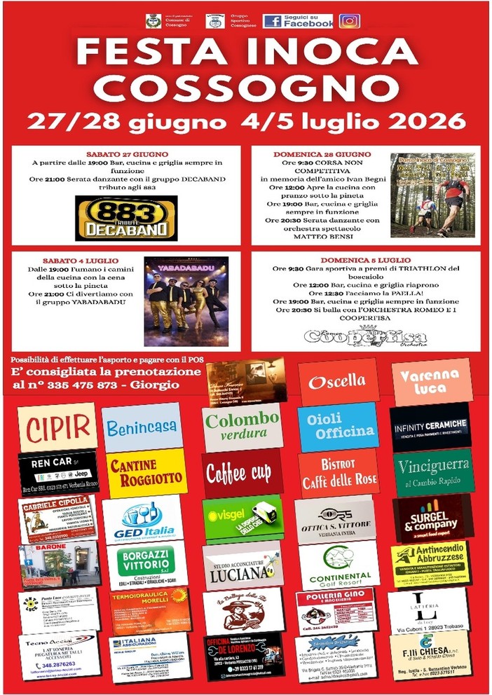 Torna la Festa Inoca: due weekend di musica, cucina e tradizione a Cossogno Torna la Festa Inoca: due weekend di musica, cucina e tradizione a Cossogno