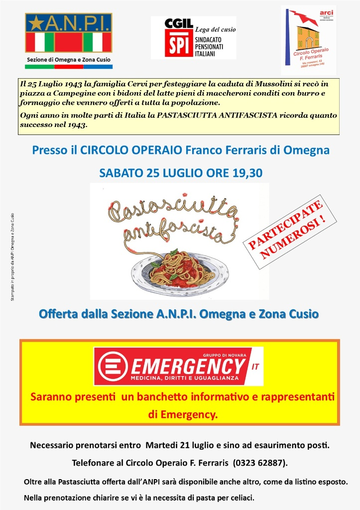 Torna la "Pastasciutta Antifascista" : appuntamento al Circolo Ferraris Torna la "Pastasciutta Antifascista" : appuntamento al Circolo Ferraris