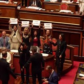 Caso Delmastro, protesta dei 5 Stelle al Senato: banchi del governo occupati e cartelli "Fuori le chat" Caso Delmastro, protesta dei 5 Stelle al Senato: banchi del governo occupati e cartelli "Fuori le chat"
